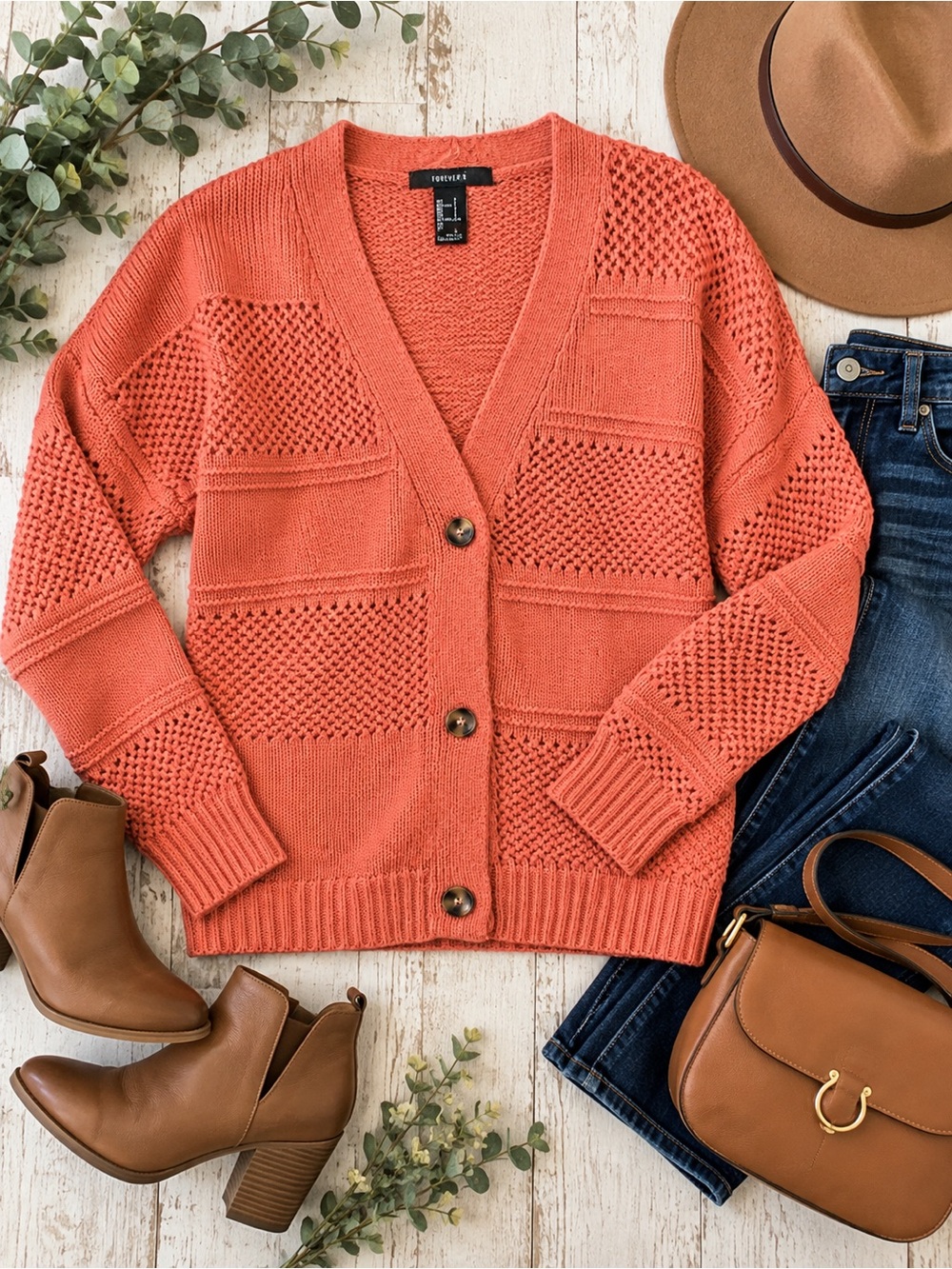 Forever 21 Coral Textured Patchwork Knit Cardigan Sweater